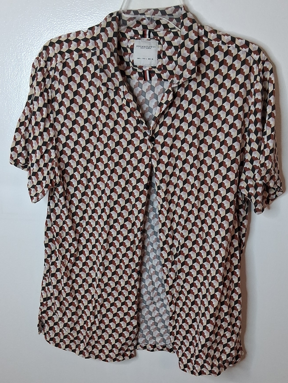 Denim Flower Large Geometric Short-Sleeve Button-Down Shirt in Brown and Cream